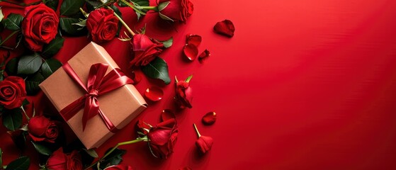 Valentine's Day Gift Box and Roses on Red Background With Copyspace.