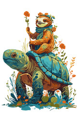 Sloth riding a turtle cartoon