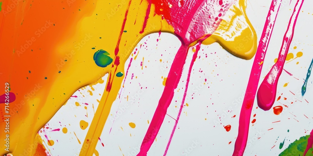 Poster A detailed view of a painting covered in colorful paint splatters. Perfect for adding an artistic touch to any project