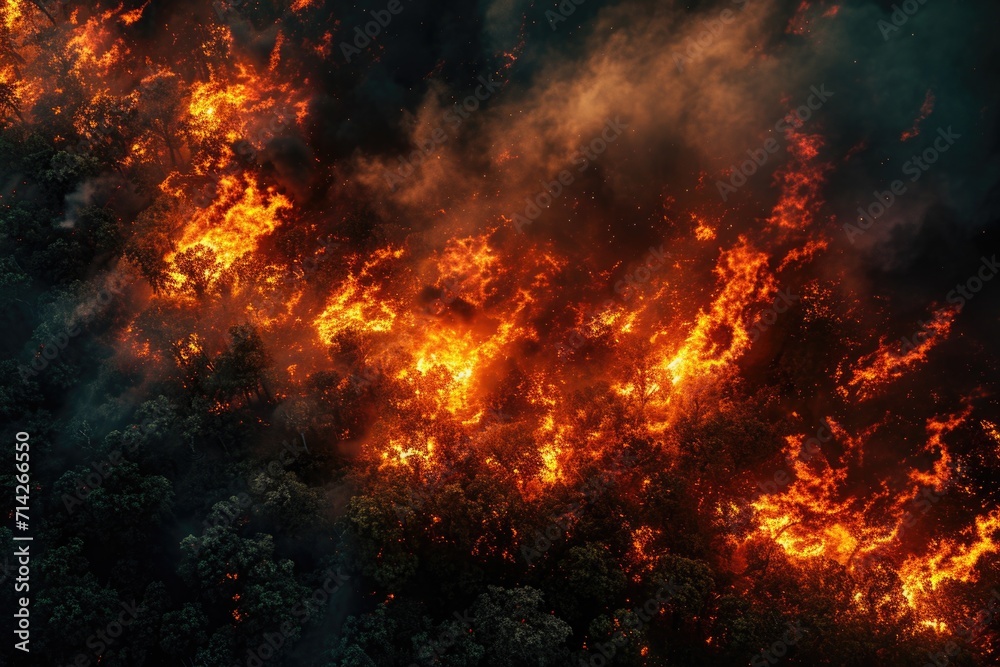 Poster a dramatic aerial view of a fire engulfing a forest. perfect for illustrating the destructive power 