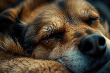 A close-up view of a dog peacefully sleeping on a comfortable couch. This image can be used to depict relaxation, pets, and home comfort