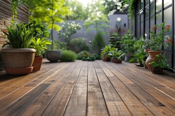 Fototapeta na wymiar A wooden deck adorned with beautiful potted plants. Perfect for adding a touch of nature to any outdoor space