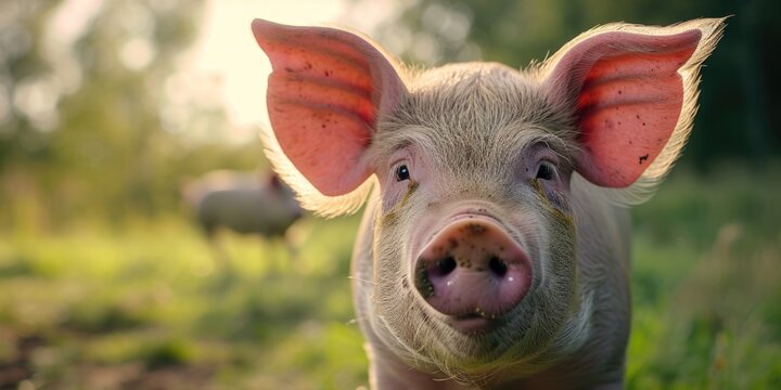 A close-up view of a pig in a field. This image can be used to depict farm animals or agricultural scenes