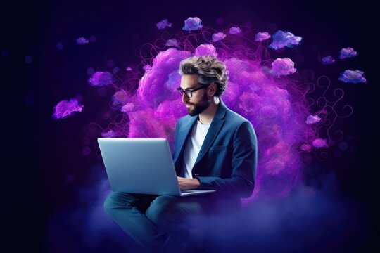 Cheerful man studying math on remote netbook