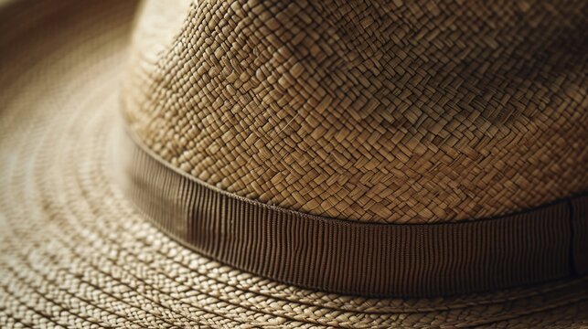 A close up of a straw hat resting on a table. Versatile image that can be used for fashion, summer, vacation, or outdoor themes