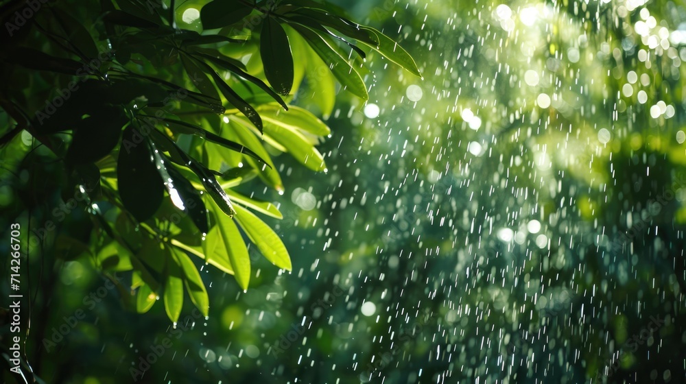 Poster A close-up view of a leafy tree in the rain. This image captures the beauty of nature in a rainy setting. Ideal for various uses