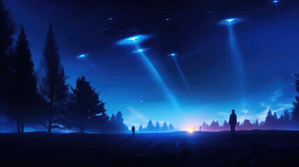 Spaceships and walking alien silhouettes shining blue lights at earth. Generative ai