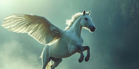Obraz na płótnie Canvas A majestic white horse with wings gracefully flying through the air. Perfect for adding a touch of fantasy and magic to any project