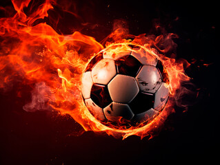 Fototapeta premium Soccer ball in fire flames isolated on black background.