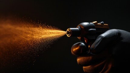 A person spraying a gun with a spray gun. Can be used to illustrate painting, DIY projects, or industrial work