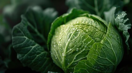 Fototapeta premium A detailed close-up of a cabbage head with glistening water droplets. This image can be used to depict freshness, healthy eating, or natural produce in various contexts