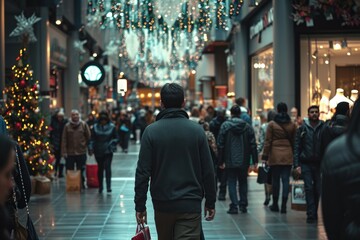 A man is seen walking through a bustling shopping mall. This image can be used to depict a busy shopping scene or to illustrate the concept of shopping and retail