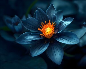 a close up of a blue flower with yellow center - Powered by Adobe
