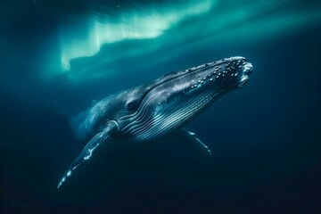 Fototapeta premium a humpback whale swims beneath the aurora lights