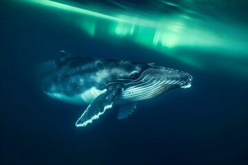 Fototapeta premium a humpback whale swims under the aurora lights