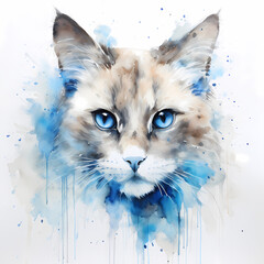 A cute cat face watercolor illustration drawing design vibrant t-shirt kitten