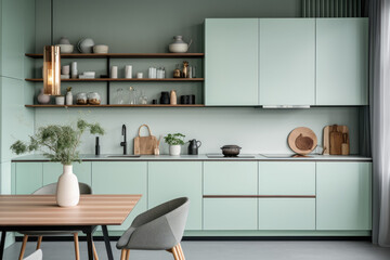 Spacious light green minimal kitchen interior design