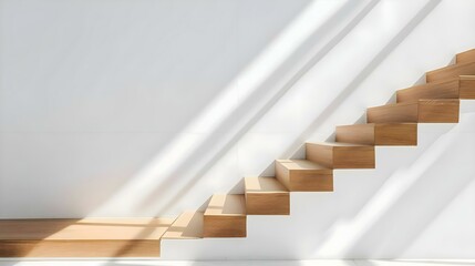 a wooden stair case in a white room