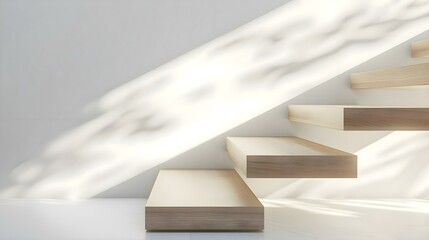 a set of wooden stairs in a white room