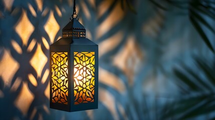 a lantern hanging on a wall with a shadow of a palm tree - Powered by Adobe