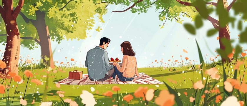 A couple enjoying a picnic on a blanket in a park on Valentine's Day