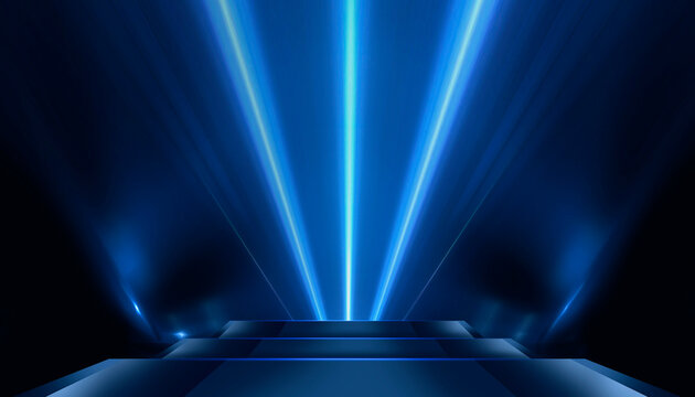 Abstract scene from rays of light with stairs, blue neon, spotlights.