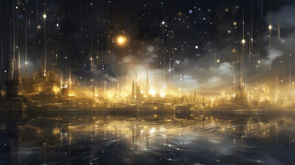 Fototapeta na wymiar Sparkling gold lights background in dark atmosphere