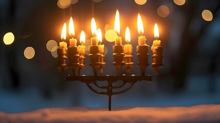 a menorah with lit candles in the middle of it