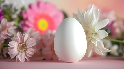 Obraz na płótnie Canvas a white egg sitting on top of a table next to flowers