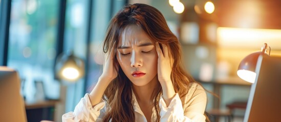 Asian businesswoman feeling sick and stressed at work with a headache, copy space available.