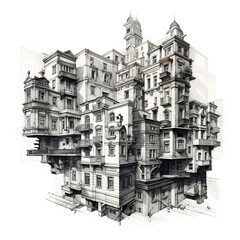 Illustration of an abstract building in line art style.