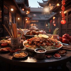 Grand Chinese New Year Banquet Table with mouth watering tasty food, Generative AI