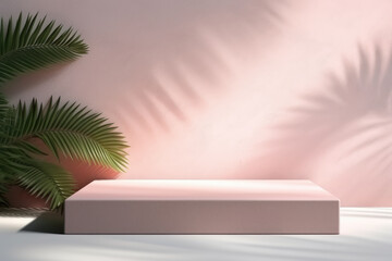 Fototapeta na wymiar Square luxury empty product podium with leafy plant decoration in front of a pastel color wall