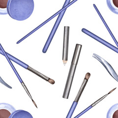 Seamless pattern of cosmetics, brushes for applying makeup. Makeup artist tools. Eyebrow shaping and tinting. Watercolor illustration. Beauty and fashion concept