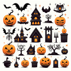 Sticker set of halloween icons on white isolated background