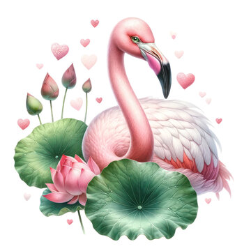 watercolor of Flamingo with Lotus leaf and hearts isolated on transparent background © Nisit