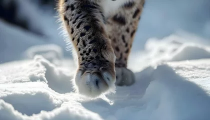 Zelfklevend Fotobehang a close up of a snow leopard walking in the snow © KWY