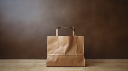 Brown paper bag on the table with dark background. 3d rendering