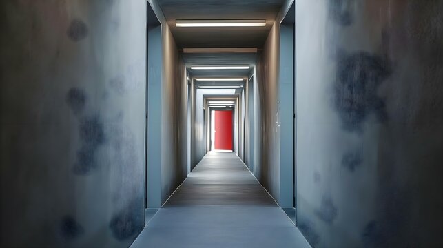 a long hallway with a red door leading to another room