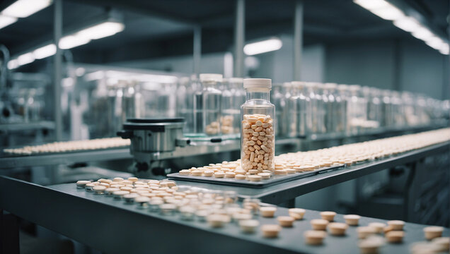 Medicine production. Medical production of dietary supplements. Beige tablets are fed onto an automatic conveyor. Creation of tablets, medicines in factory, conveyor belt for production of tablets