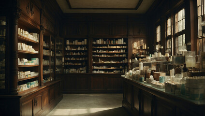 Old pharmacy. Pharmacy or shop in retro style. Bottles. Cans and packages on floors in an old pharmacy. Retro pharmacy in European city. In a retro pharmacy, luxury pharmacy interior in antique style - obrazy, fototapety, plakaty