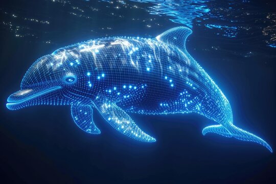 A dolphin swimming in the ocean at night. Artificial glowing object, concept for a software visualization.