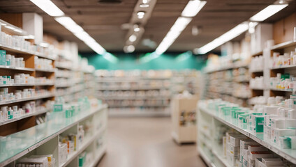 Pharmacy in light-colored aesthetic with exposed jars, packaging. Blurry, bright lighting creates an atmosphere of comfort. Pharmacy interio with bottles highlights concept of pharmaceuticals, health - obrazy, fototapety, plakaty