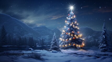 Beautiful christmas tree night snow background image Ai generated art