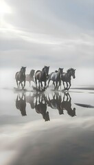 a group of horses running along a beach