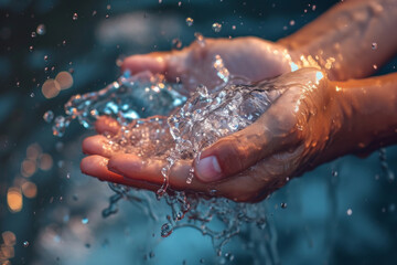 Fototapeta premium Glistening water cascades through cupped hands, life's purity captured in a dance of light and liquid