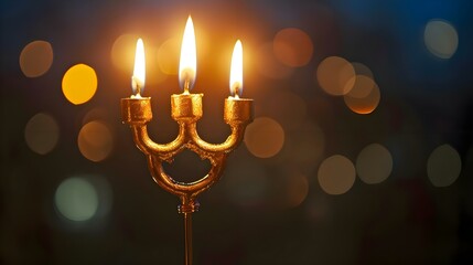 a golden menorah with three lit candles