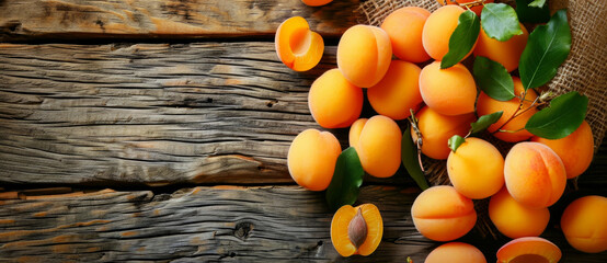 Ripe apricots bask on rustic wood, a sun-kissed bounty heralding the sweetness of summer - obrazy, fototapety, plakaty