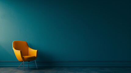 A bold yellow chair stands out against a deep blue wall, a statement of modern design and simplicity