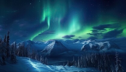 View of night sky with multicolored aurora borealis and snowy mountains peak background. Night glows in vibrant aurora reflection on the lake with forest. 